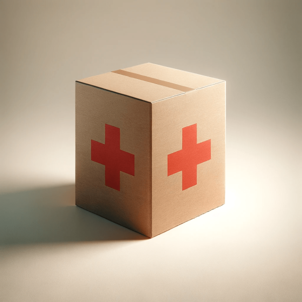 A box marked with red medical crosses sits on a neutral background, softly lit to suggest it contains materials for a Consultation for General Care.