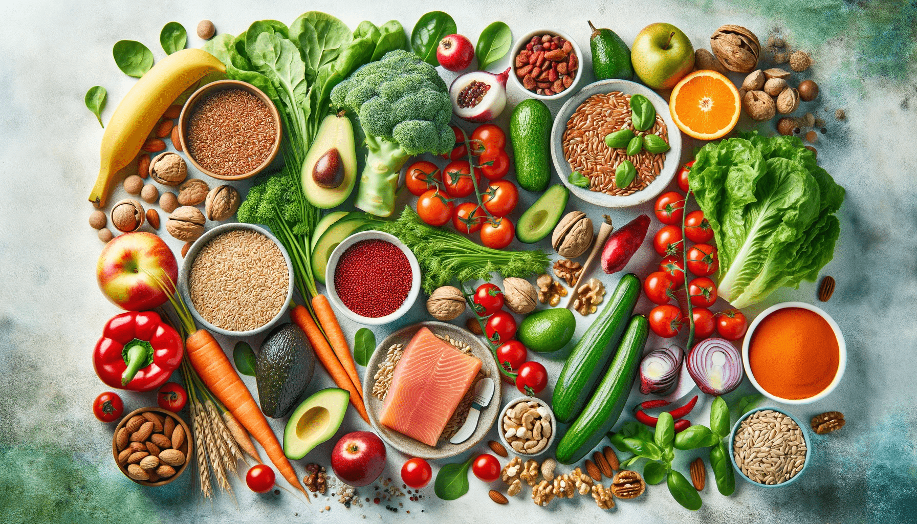A colorful assortment of healthy foods for managing PCOS and insulin resistance, featuring fruits, vegetables, nuts, grains, seeds, and a fillet of salmon arranged neatly on a light surface.