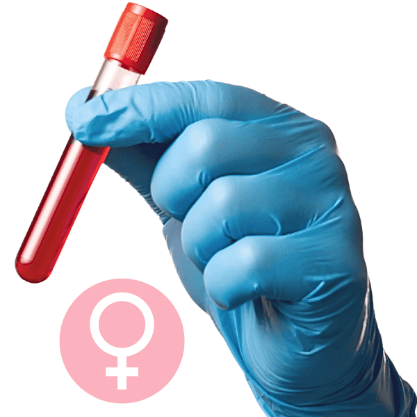 A gloved hand holds a test tube with red liquid beside a pink female gender symbol, representing the Essential Panel - Female. The background is white.