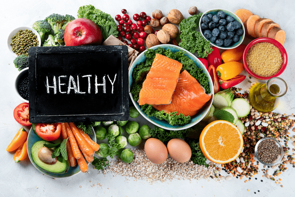 health sign and fruits and vegetables