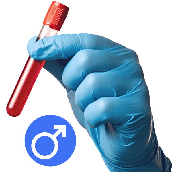 A gloved hand holds a test tube of red liquid with a blue male gender symbol in the lower left corner, set against a white background, representing the Essential Panel - Male.