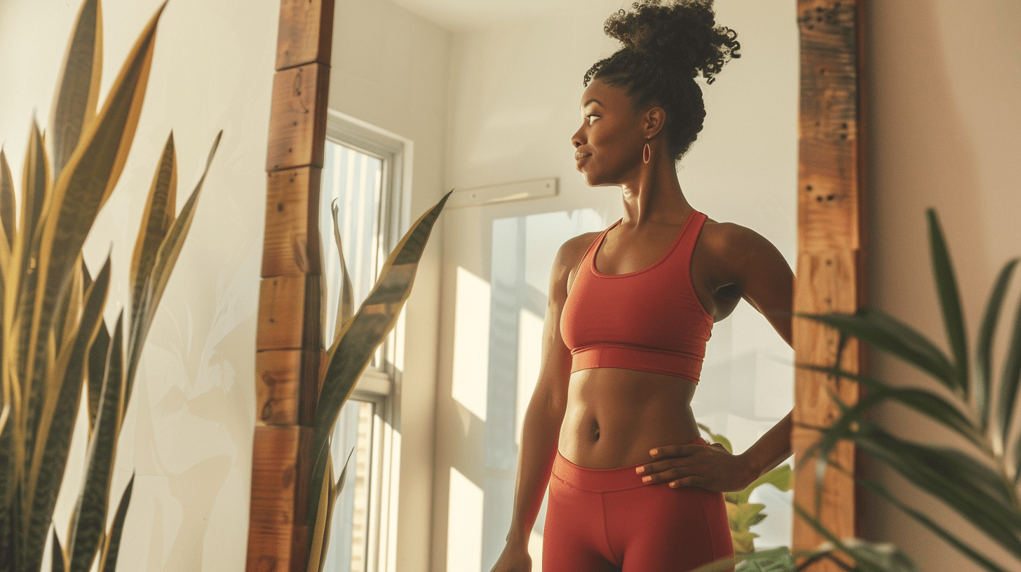 Woman standing confidently with hands on hips in workout clothes