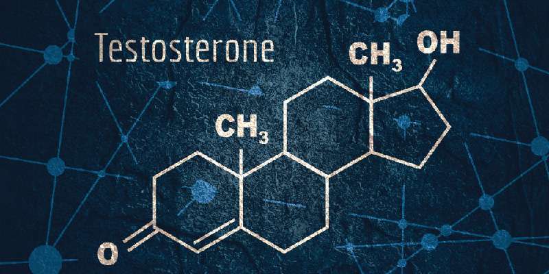 A chemical diagram of the testosterone molecule is displayed on a dark blue textured background, with Testosterone written in bold letters at the top left, highlighting potential Alternatives To Testosterone Replacement Therapy.